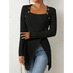 Women Casual Square Collar Long Sleeve Irregular Hem Slim Blouse
